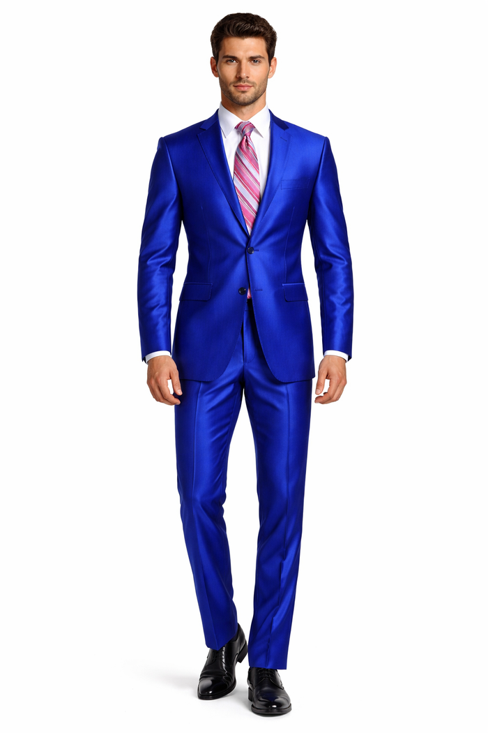 Mens Slim Fitted Shiny Sharkskin Suit in Royal Blue