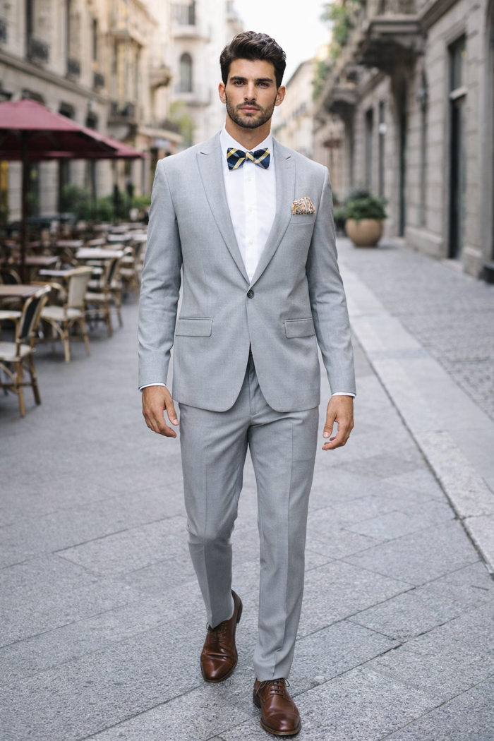 Men'S Slim Fit Suit - Fitted Suit - Skinny Suit Men'S Light Gray Flap Front Pockets Peak Lapel Suit