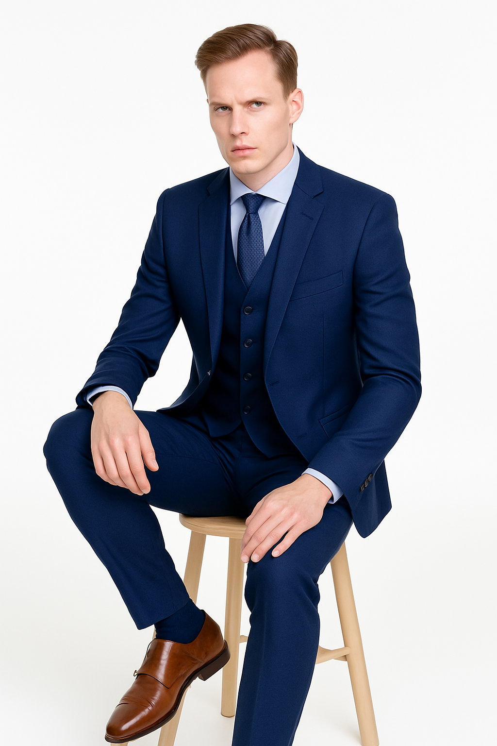 Mens Smart Slim Vested Suit Indigo Blue