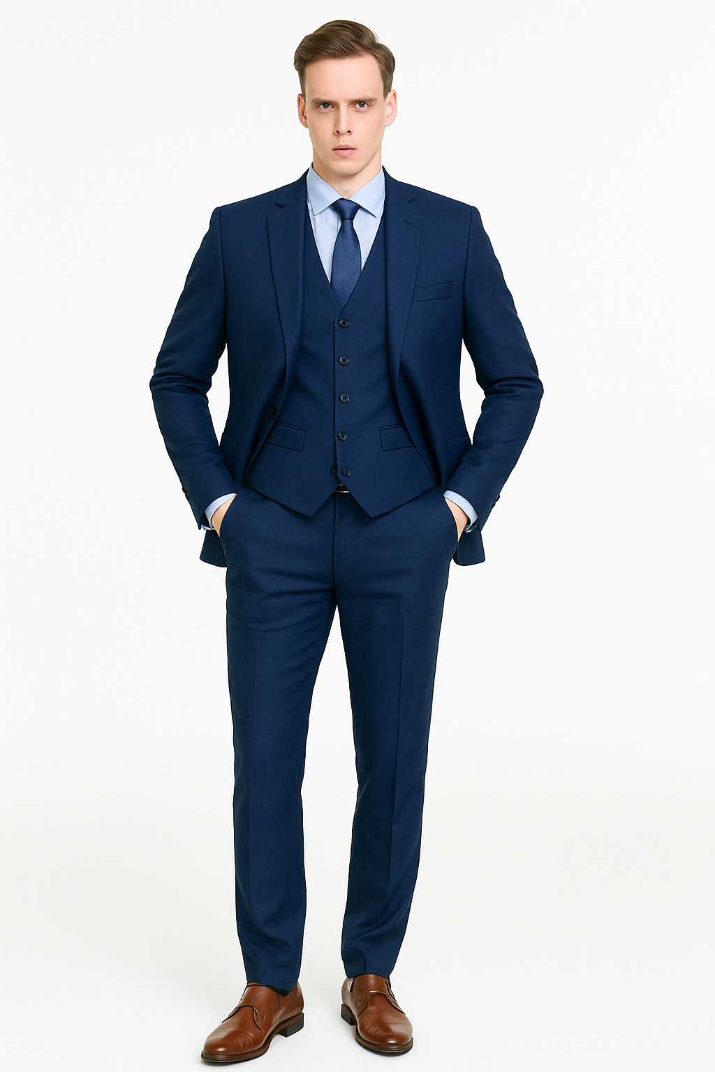 Mens Smart Slim Vested Suit Indigo Blue
