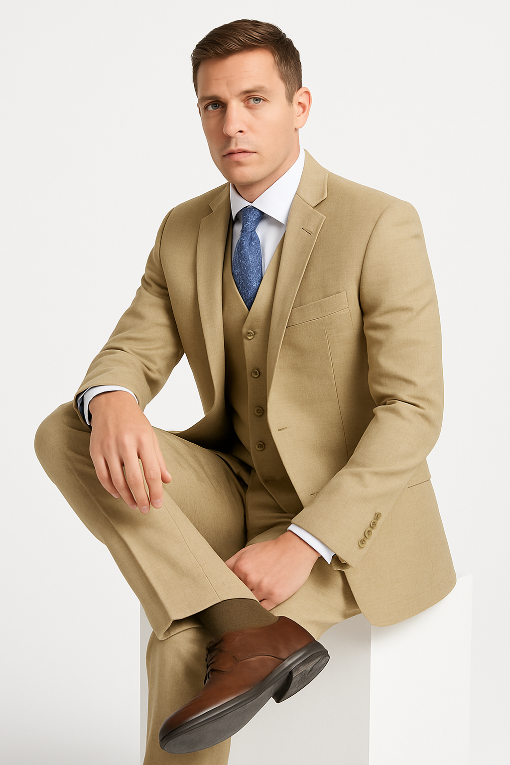 Mens Smart Slim Vested Suit Tan