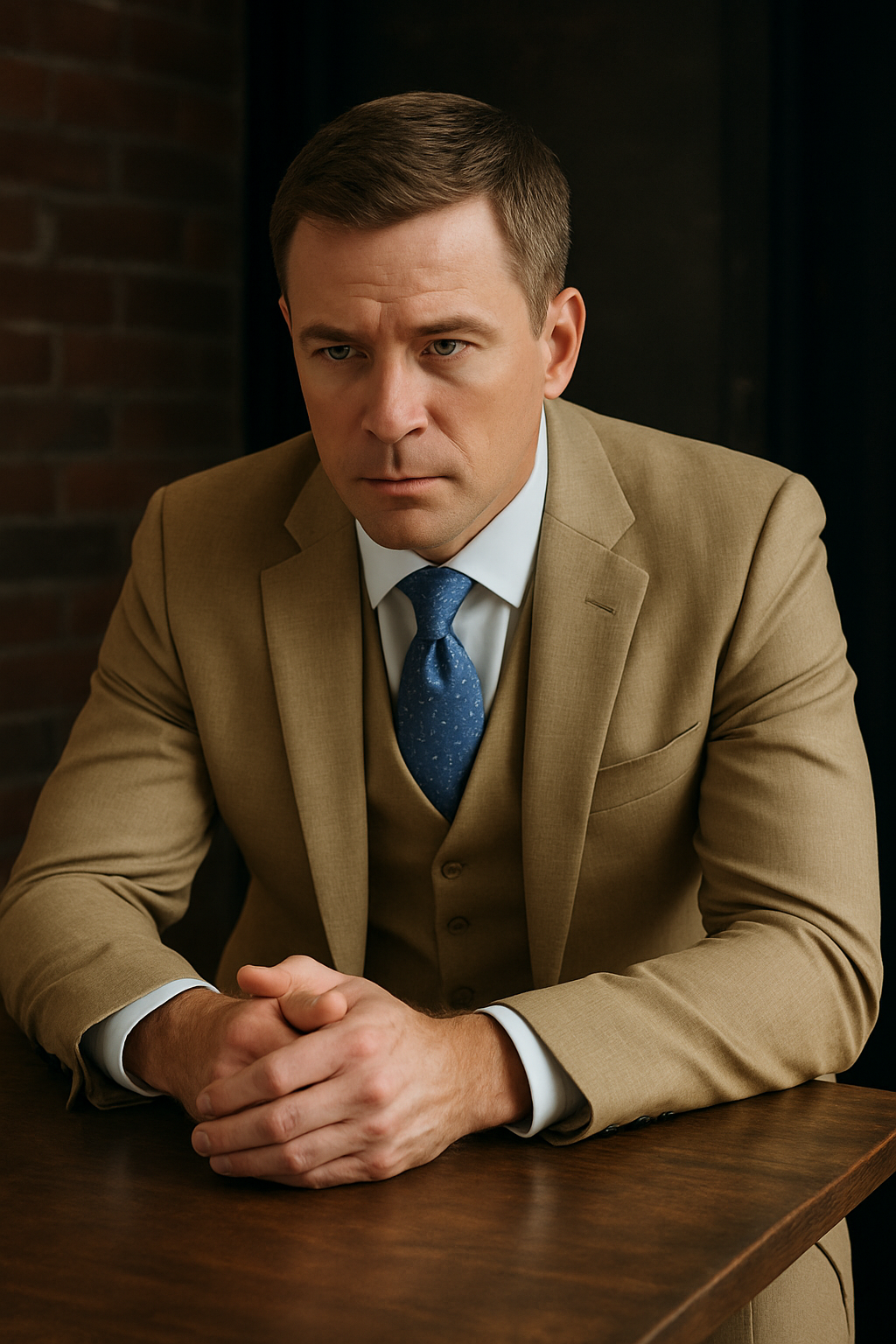 Mens Smart Slim Vested Suit Tan