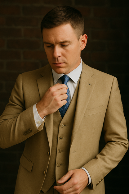 Mens Smart Slim Vested Suit Tan
