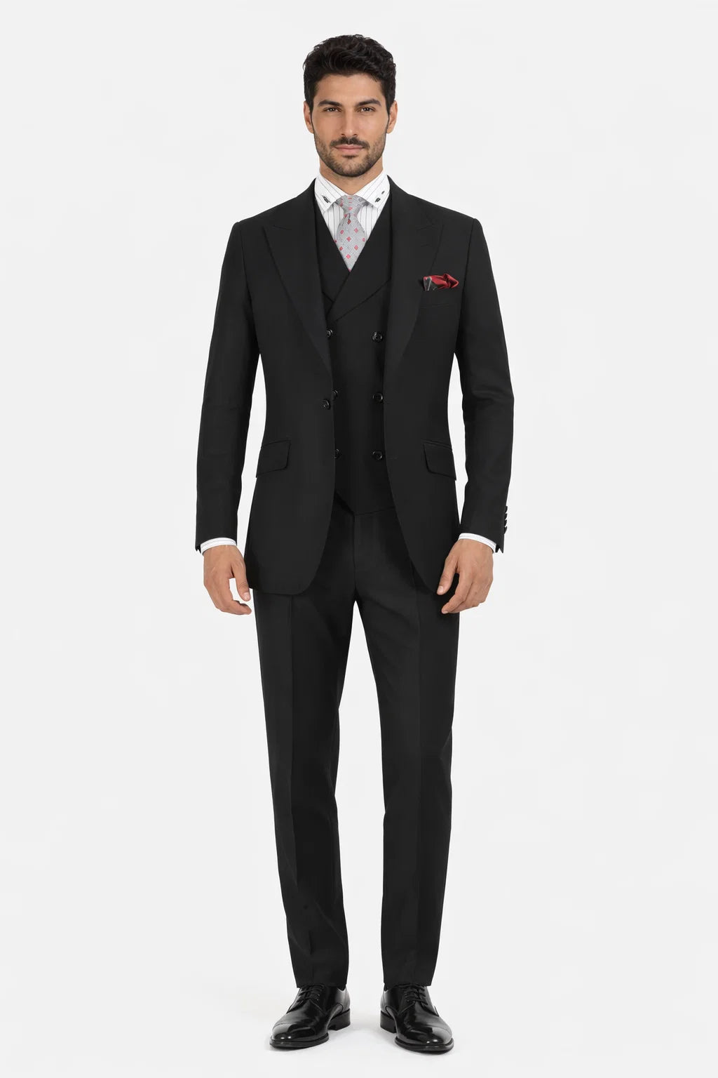 Mens Suit With Pleated Pants - Semi Wide Leg 100% Wool Super 150's Big Peak Lapel Classic Fit Athletic Cut With Double breasted Vest in Black