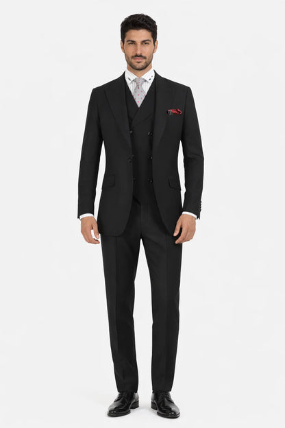 Mens Suit With Pleated Pants - Semi Wide Leg 100% Wool Super 150's Big Peak Lapel Classic Fit Athletic Cut With Double breasted Vest in Black