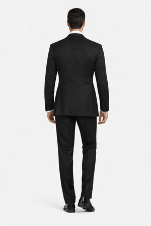 Mens Suit With Pleated Pants - Semi Wide Leg 100% Wool Super 150's Big Peak Lapel Classic Fit Athletic Cut With Double breasted Vest in Black