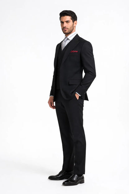 Mens Suit With Pleated Pants - Semi Wide Leg 100% Wool Super 150's Big Peak Lapel Classic Fit Athletic Cut With Double breasted Vest in Black