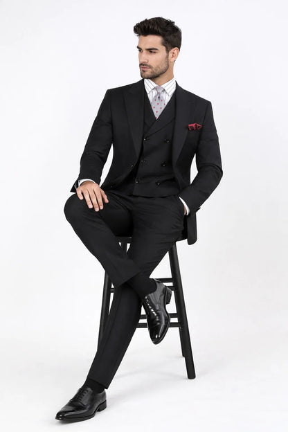 Mens Suit With Pleated Pants - Semi Wide Leg 100% Wool Super 150's Big Peak Lapel Classic Fit Athletic Cut With Double breasted Vest in Black