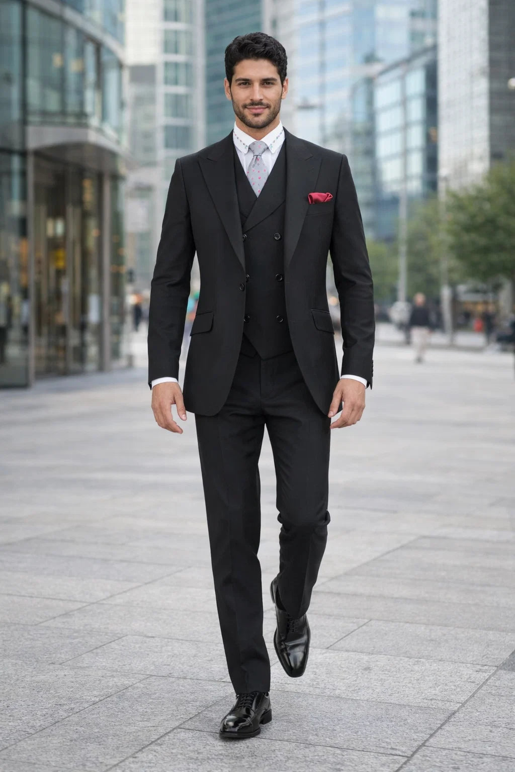 Mens Suit With Pleated Pants - Semi Wide Leg 100% Wool Super 150's Big Peak Lapel Classic Fit Athletic Cut With Double breasted Vest in Black