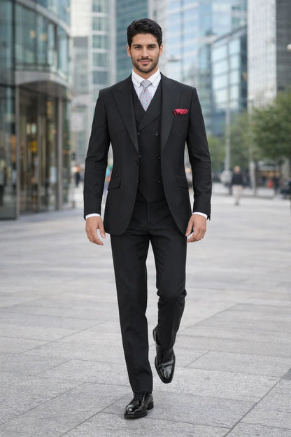Mens Suit With Pleated Pants - Semi Wide Leg 100% Wool Super 150's Big Peak Lapel Classic Fit Athletic Cut With Double breasted Vest in Black
