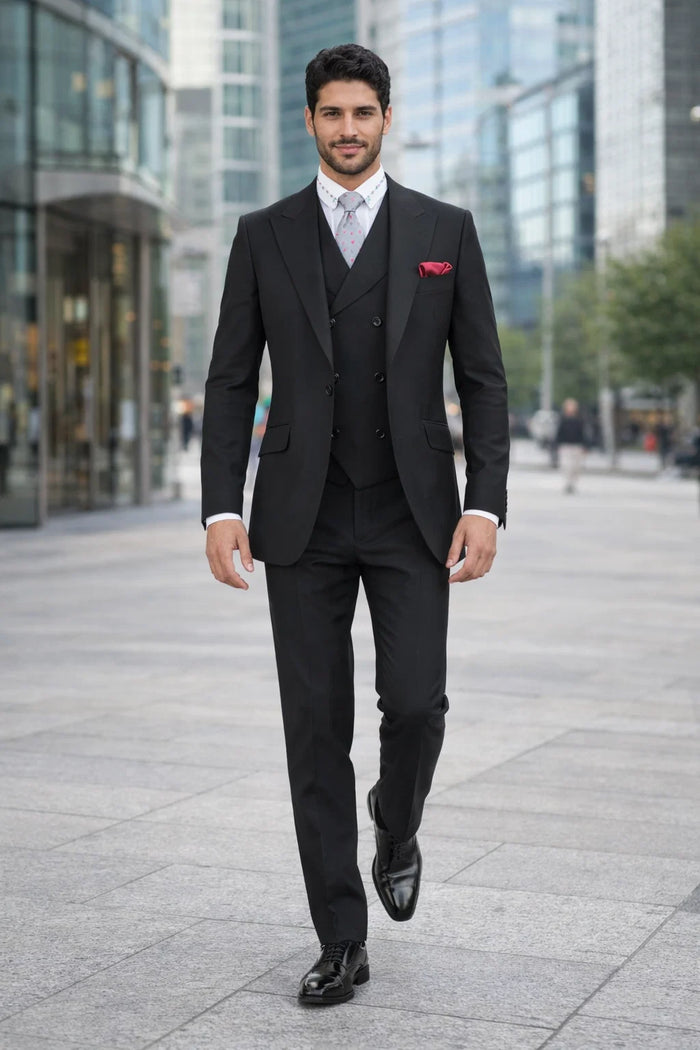 Mens Suit With Pleated Pants - Semi Wide Leg 100% Wool Super 150's Big Peak Lapel Classic Fit Athletic Cut With Double breasted Vest in Black