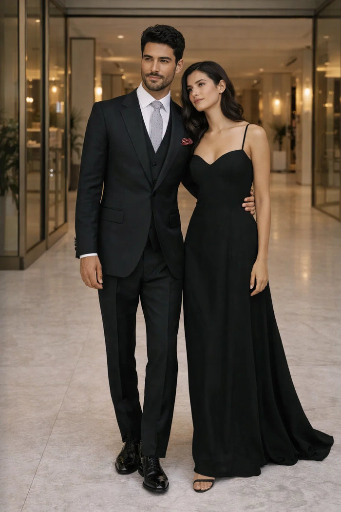 Mens Suit With Pleated Pants - Semi Wide Leg 100% Wool Super 150's Big Peak Lapel Classic Fit Athletic Cut With Double breasted Vest in Black