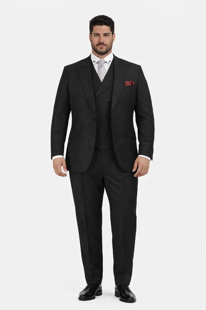 Mens Suit With Pleated Pants - Semi Wide Leg 100% Wool Super 150's Big Peak Lapel Classic Fit Athletic Cut With Double breasted Vest in Black