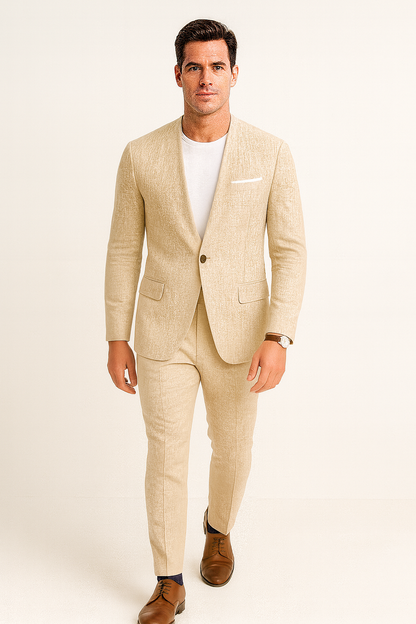 collarless dress shirt with suit Men's Tazio Tan Linen Collarless Blazer and Pants Suit, All Sizes