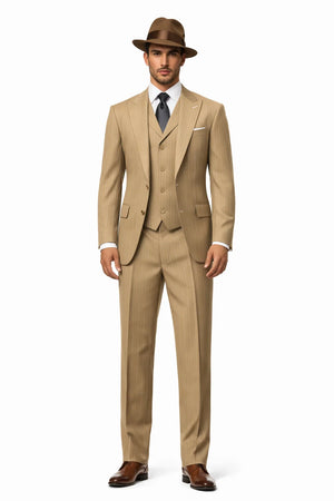 Mens Tan Pinstripe Zoot Suit  1920s Gangster Vintage 3-Piece Suit with Wide-Leg Pants