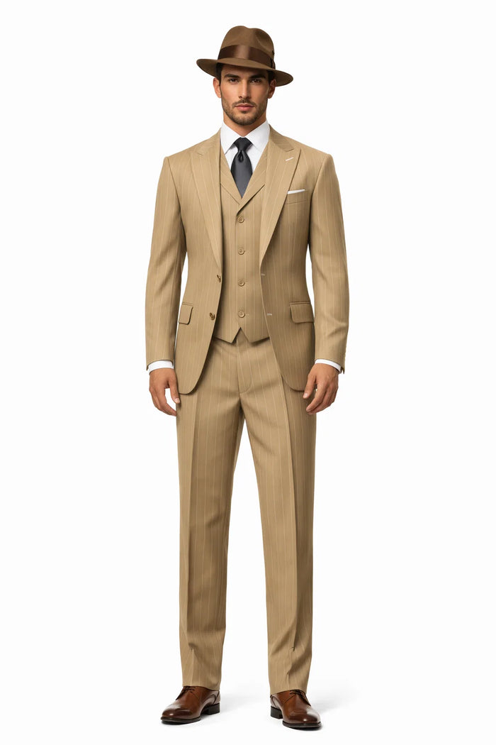 Mens Tan Pinstripe Zoot Suit  1920s Gangster Vintage 3-Piece Suit with Wide-Leg Pants