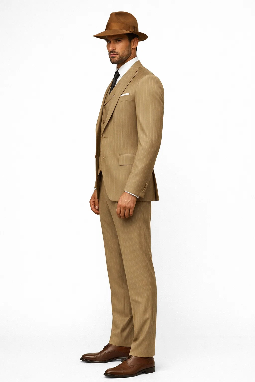 Mens Tan Pinstripe Zoot Suit  1920s Gangster Vintage 3-Piece Suit with Wide-Leg Pants
