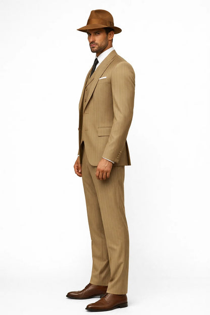 Mens Tan Pinstripe Zoot Suit  1920s Gangster Vintage 3-Piece Suit with Wide-Leg Pants