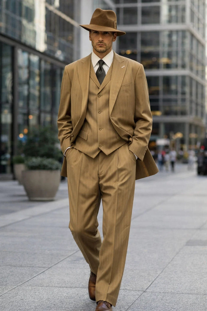 Mens Tan Pinstripe Zoot Suit  1920s Gangster Vintage 3-Piece Suit with Wide-Leg Pants