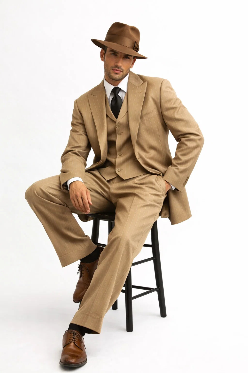Mens Tan Pinstripe Zoot Suit  1920s Gangster Vintage 3-Piece Suit with Wide-Leg Pants