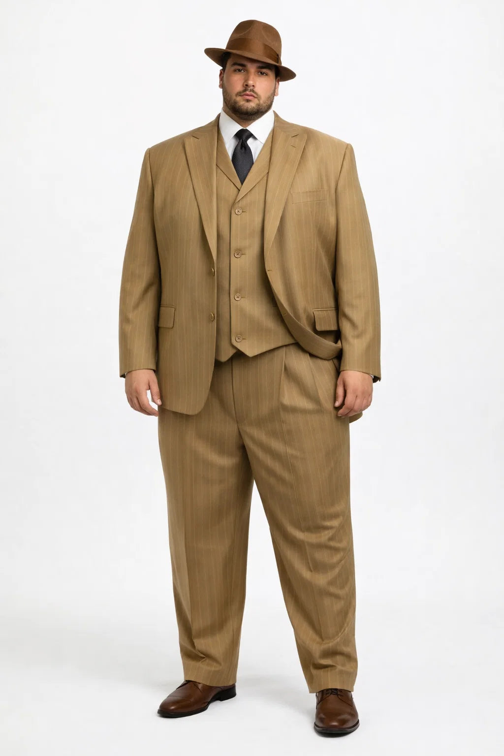 Mens Tan Pinstripe Zoot Suit  1920s Gangster Vintage 3-Piece Suit with Wide-Leg Pants