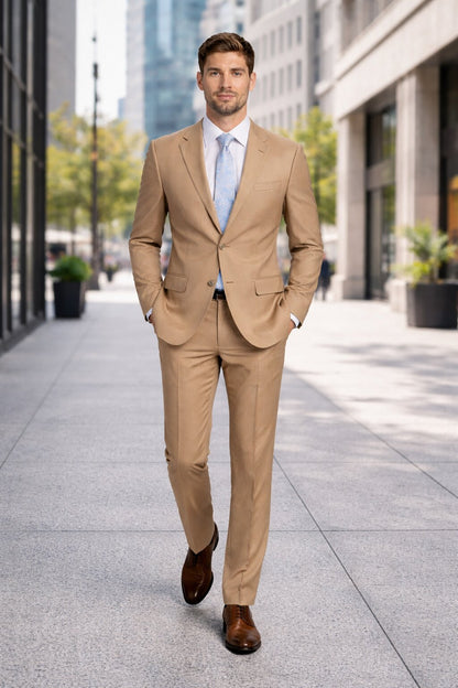 Mens Tan Modern Fit Tiglio Wool Suit – Classic Two-Button Tailored Suit