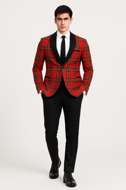 Mens Tartan Christmas Plaid Holiday Blazer in Red