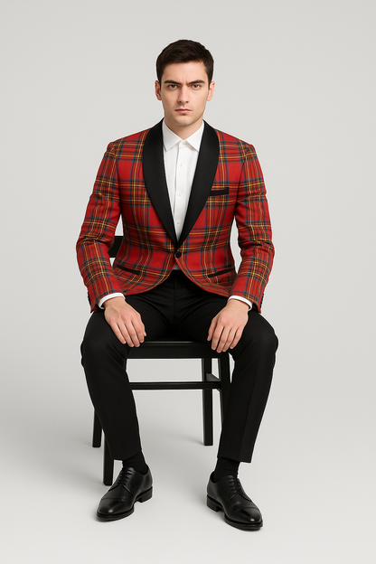 Mens Tartan Christmas Plaid Holiday Blazer in Red