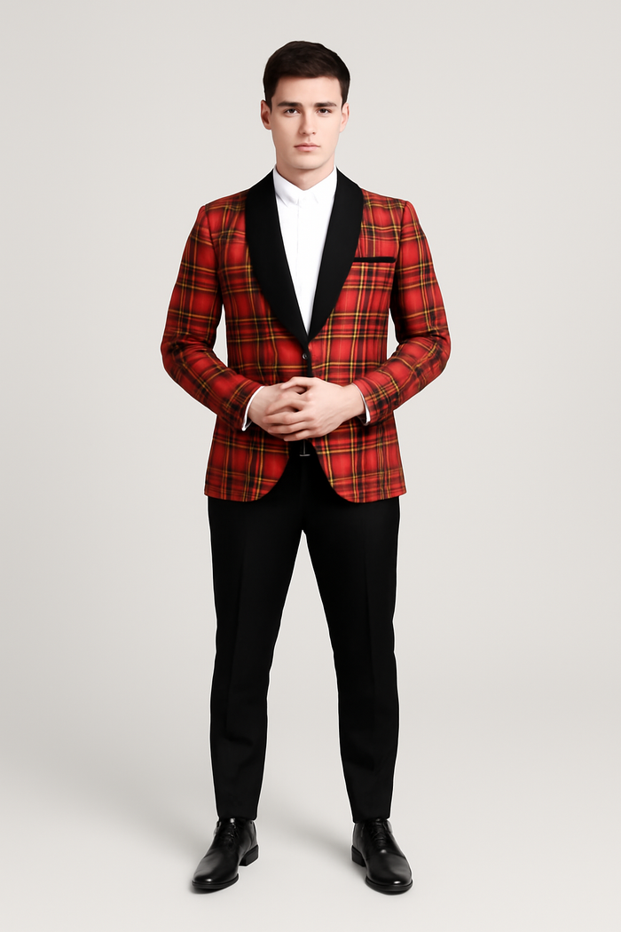 Mens Tartan Christmas Plaid Holiday Blazer in Red
