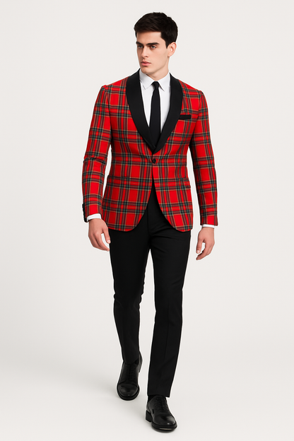 Mens Tartan Christmas Plaid Holiday Blazer in Red