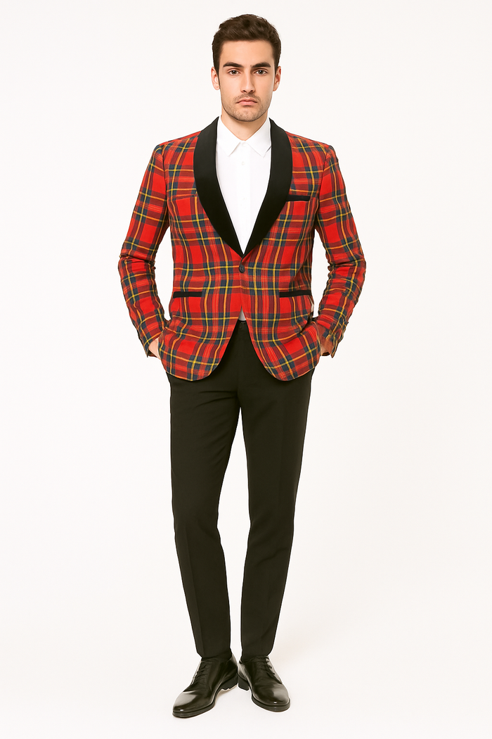 Mens Tartan Plaid Christmas Holiday Blazer in Red