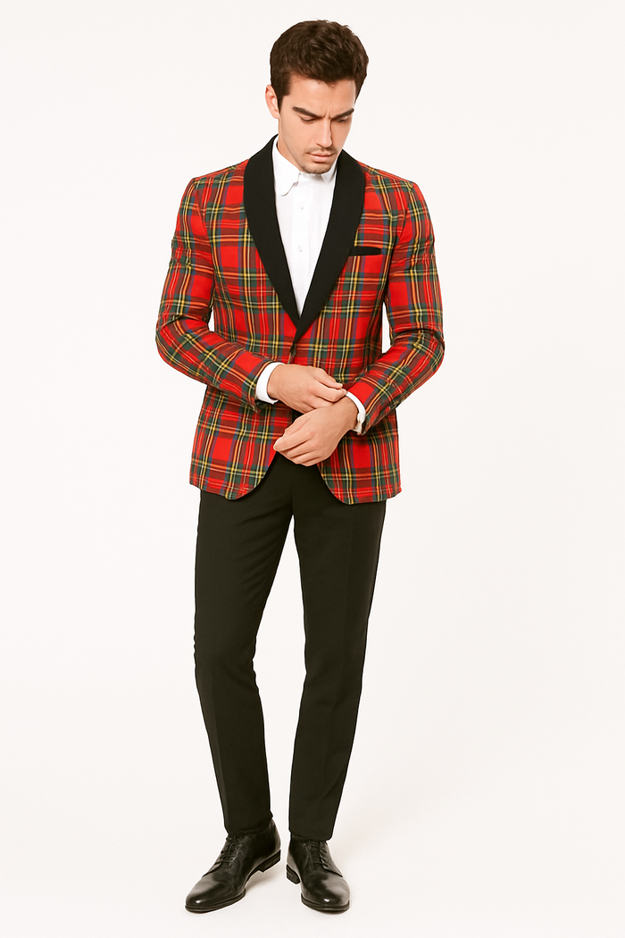 Mens Tartan Plaid Christmas Holiday Blazer in Red