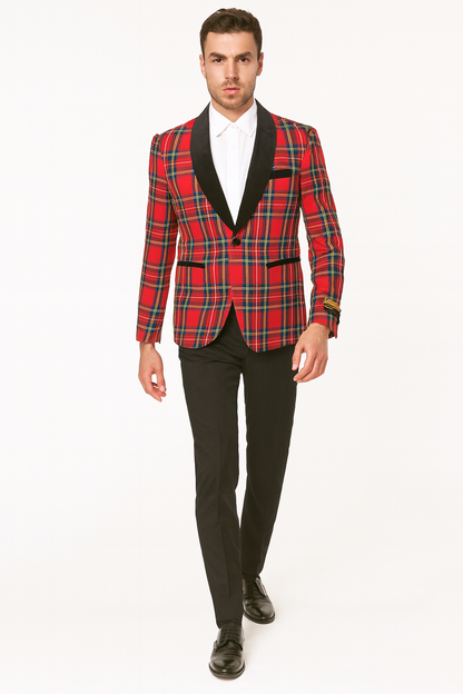 Mens Tartan Plaid Christmas Holiday Blazer in Red