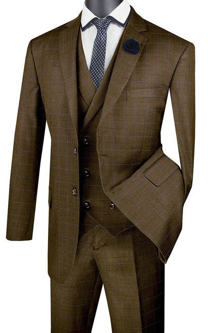 Mens Taupe Brown Plaid 3 Piece Suit Double Breasted Vest V2RW-13