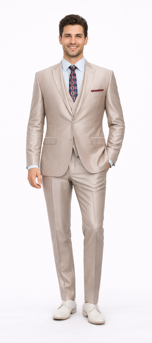 Mens Tazio Vested Slim Fit Shiny Sharkskin Suit in Champagne