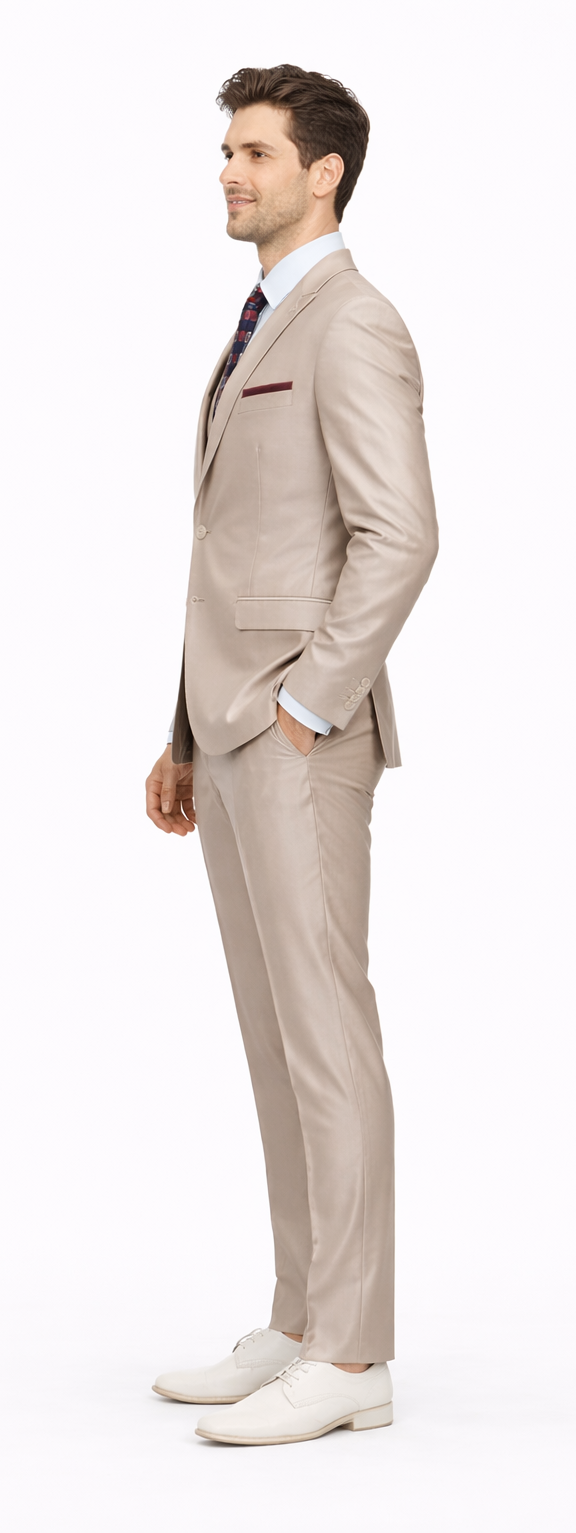 Mens Tazio Vested Slim Fit Shiny Sharkskin Suit in Champagne