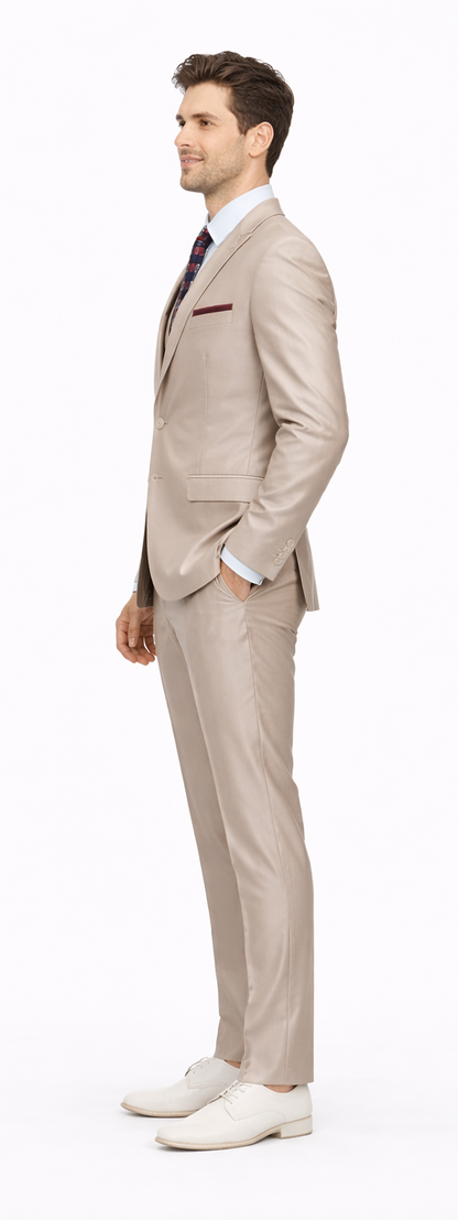 Mens Tazio Vested Slim Fit Shiny Sharkskin Suit in Champagne