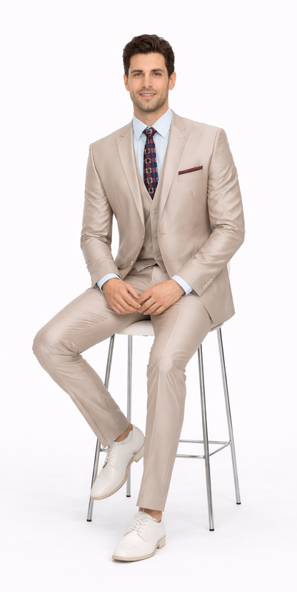 Mens Tazio Vested Slim Fit Shiny Sharkskin Suit in Champagne