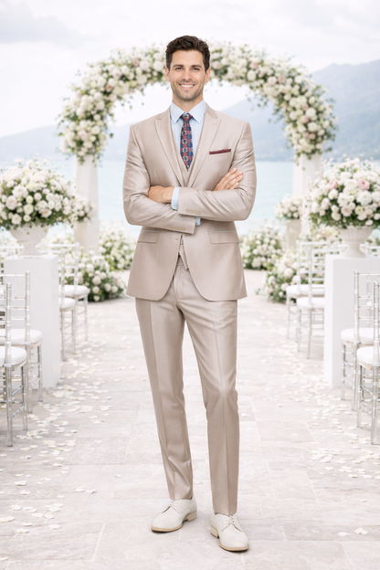 Mens Tazio Vested Slim Fit Shiny Sharkskin Suit in Champagne