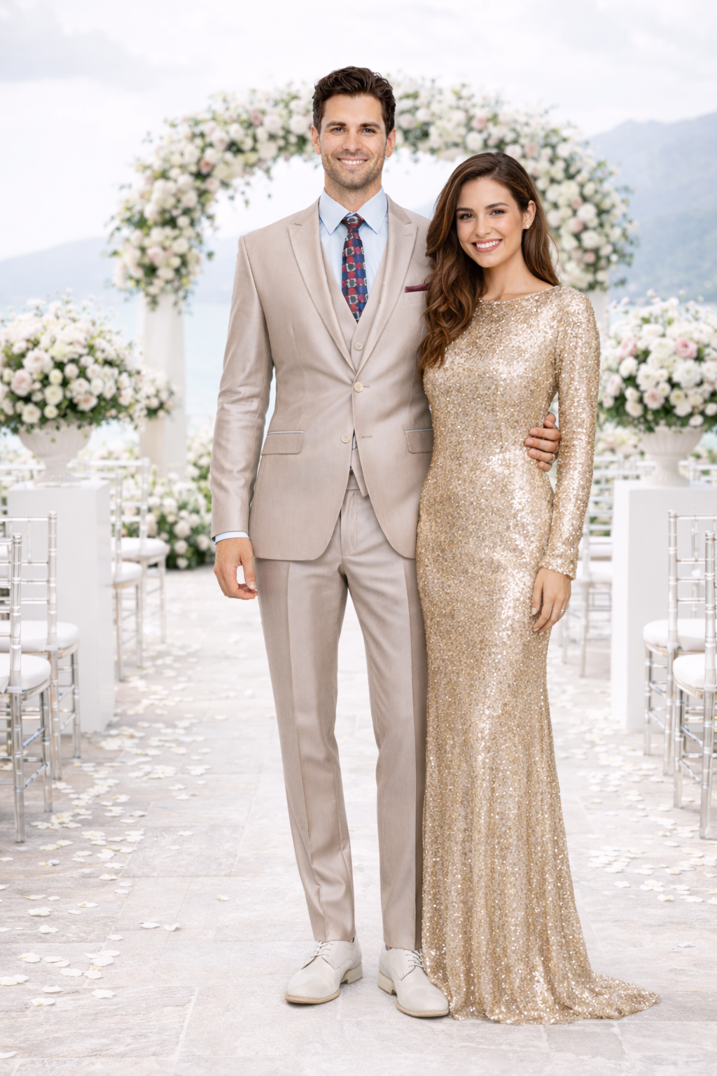 Mens Tazio Vested Slim Fit Shiny Sharkskin Suit in Champagne