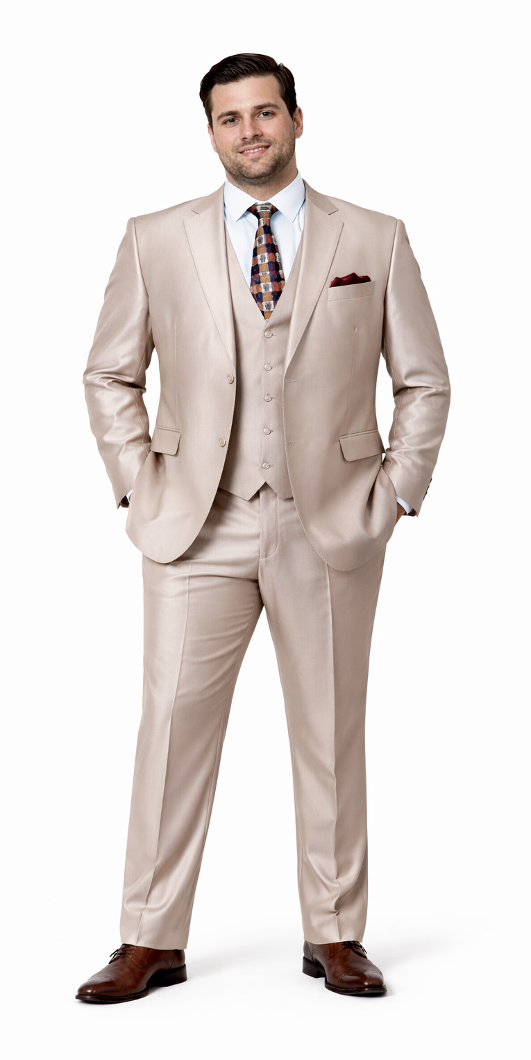 Mens Tazio Vested Slim Fit Shiny Sharkskin Suit in Champagne