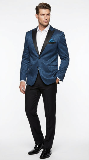 Mens Teal Blue Jacquard Paisley Blazer – Black Peak Lapel Formal Dinner Jacket Slim Fit