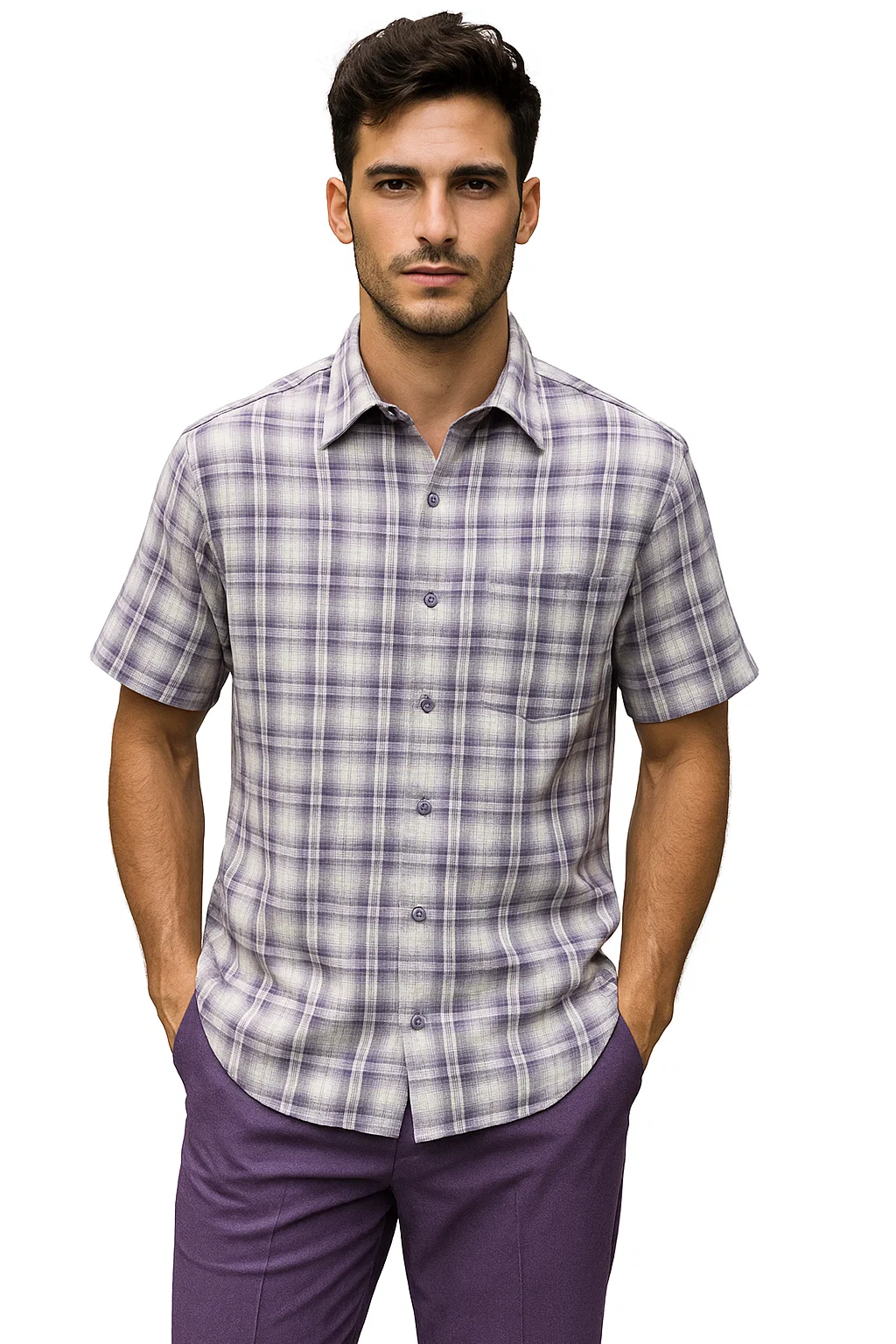Mens Textured Plaid Walking Suit in Lavender/Off White by Dreams by Zacchi  2 Piece Leisure Outfit with Matching Shirt and pant -$99
