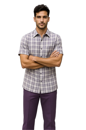Mens Textured Plaid Walking Suit in Lavender/Off White by Dreams by Zacchi  2 Piece Leisure Outfit with Matching Shirt and pant -$99