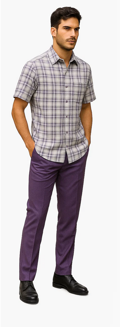 Mens Textured Plaid Walking Suit in Lavender/Off White by Dreams by Zacchi  2 Piece Leisure Outfit with Matching Shirt and pant -$99