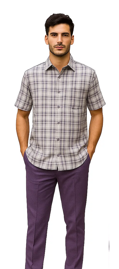 Mens Textured Plaid Walking Suit in Lavender/Off White by Dreams by Zacchi  2 Piece Leisure Outfit with Matching Shirt and pant -$99