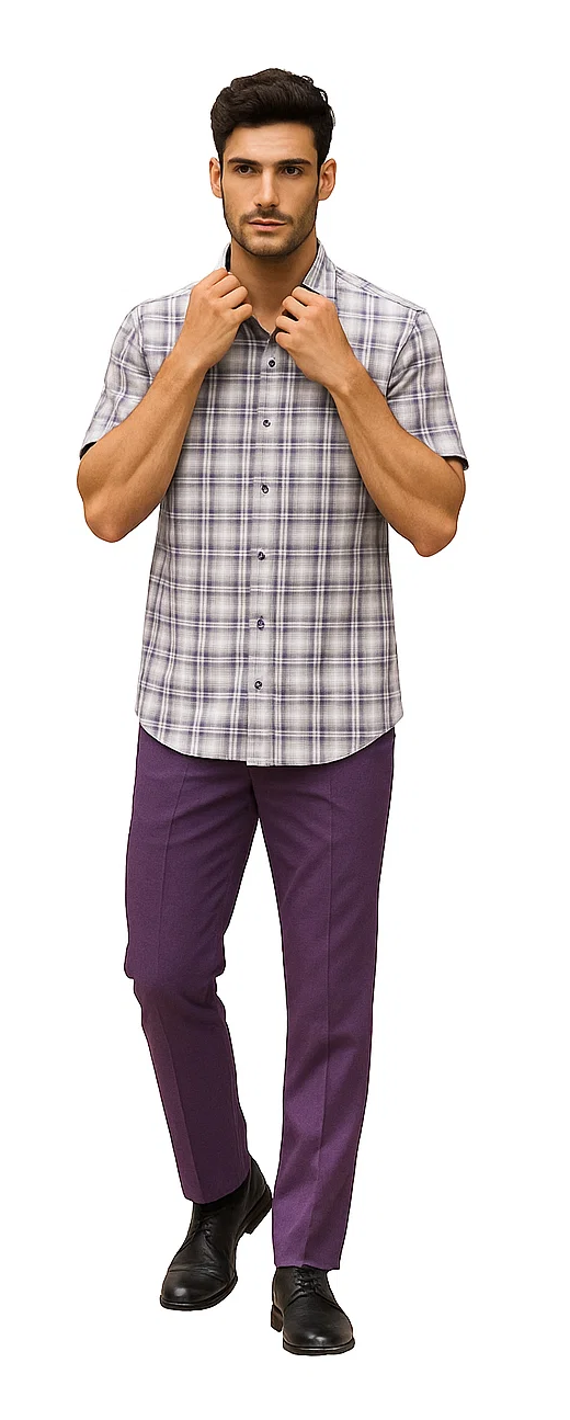 Mens Textured Plaid Walking Suit in Lavender/Off White by Dreams by Zacchi  2 Piece Leisure Outfit with Matching Shirt and pant -$99