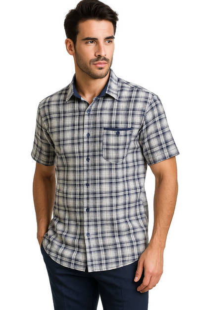 Mens Textured Plaid Walking Suit in Navy/white by Dreams by Zacchi  2 Piece Leisure Outfit with matching shirt and pant -$ 99