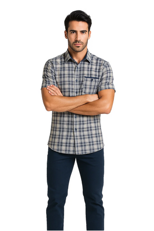 Mens Textured Plaid Walking Suit in Navy/white by Dreams by Zacchi  2 Piece Leisure Outfit with matching shirt and pant -$ 99