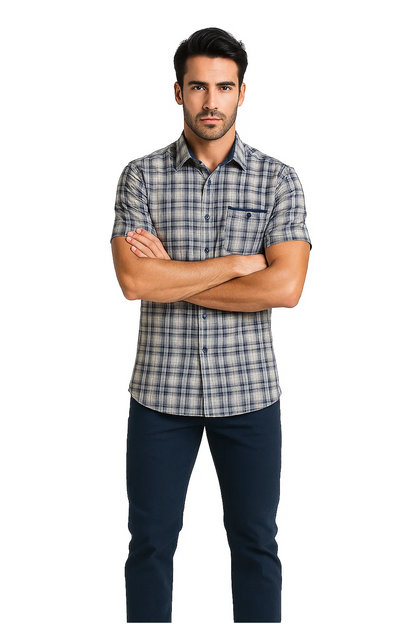 Mens Textured Plaid Walking Suit in Navy/white by Dreams by Zacchi  2 Piece Leisure Outfit with matching shirt and pant -$ 99